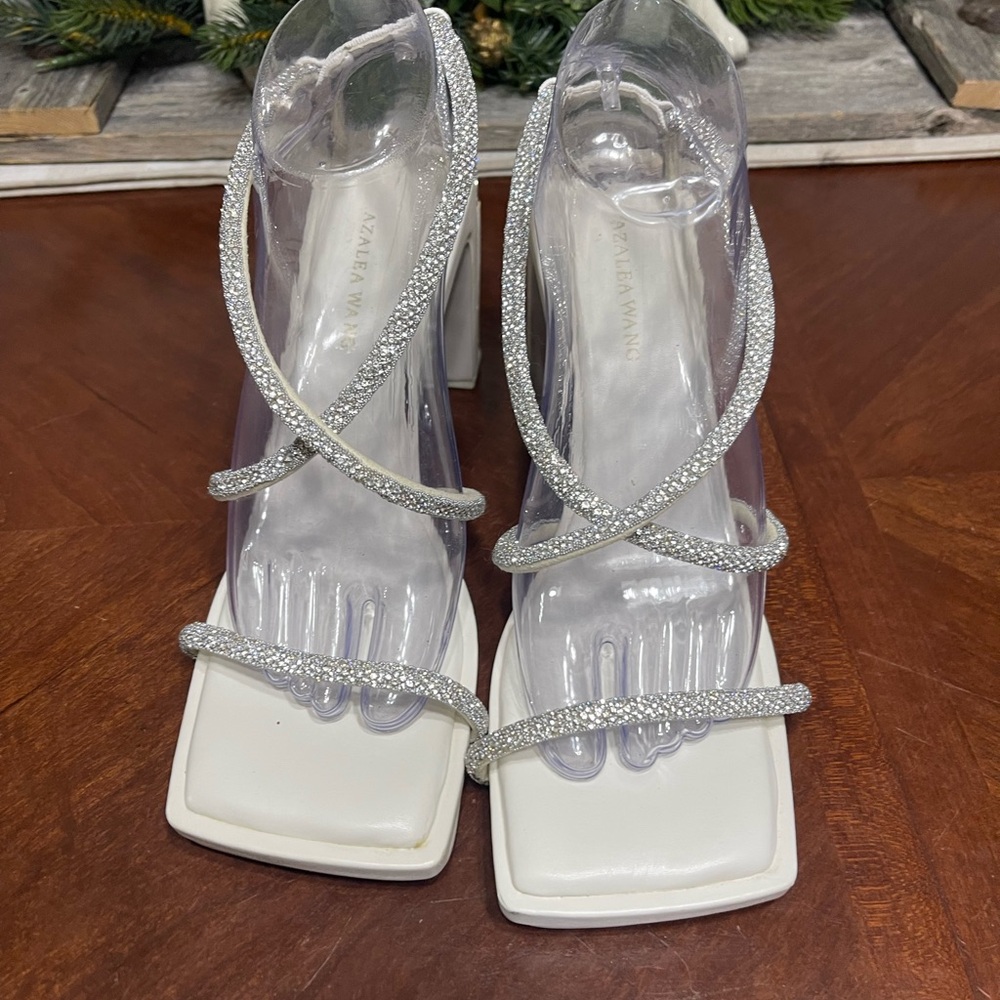 AZALEA WANG Diamond Crystal Strap Sandals Heels Square Toe - Picture 2 of 9